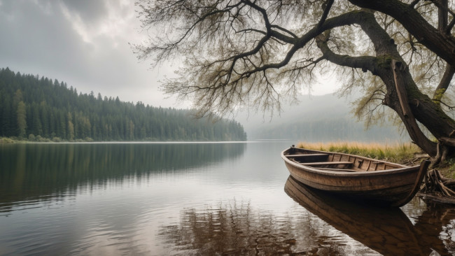 Обои картинки фото 3д графика, природа , nature, озеро, лодка, дерево, лес