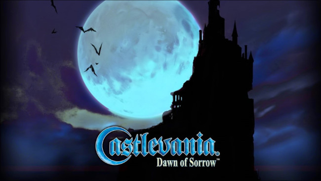 Обои картинки фото видео игры, castlevania,  dawn of sorrow, замок, скала, луна, вампиры