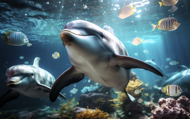 Обои картинки фото 3д графика, животные , animals, море, дельфины, рыбы, кораллы