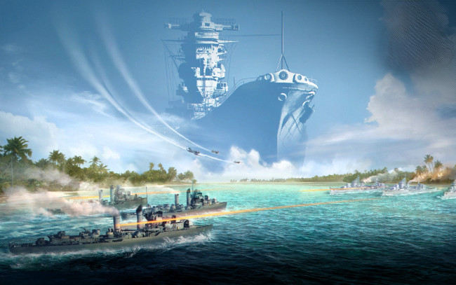 Обои картинки фото видео игры, world of warships, корабль, призрак, катера, море, скорость, огонь, пальмы