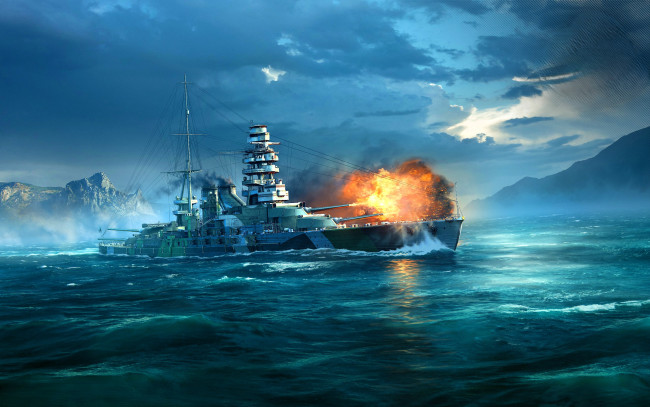 Обои картинки фото видео игры, world of warships, корабли, бой, огонь, дым, море, горы