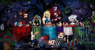 Картинка аниме alice in wonderland white rabbit cheshire cat mad hatter