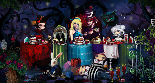 Обои картинки фото аниме, alice, in, wonderland, white, rabbit, cheshire, cat, mad, hatter