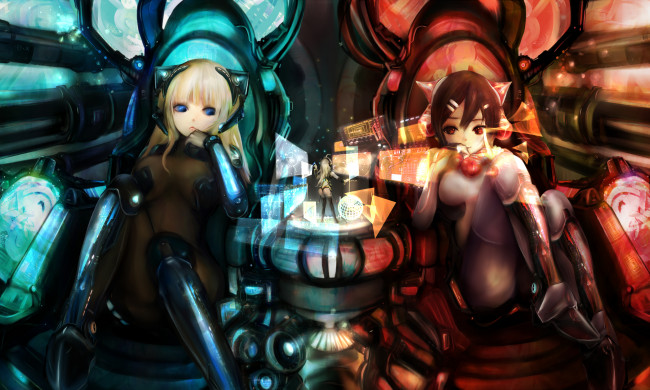 Обои картинки фото by, zhang, xiao, bo, аниме, weapon, blood, technology, девушки, ушки, наушники, кабина, кресло, андройд, костюм