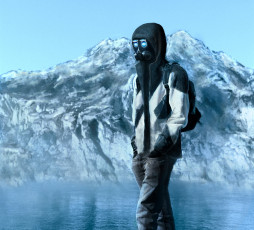 Картинка фэнтези люди противогаз парень пейзаж апокалипсиса романтика