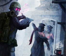 Картинка фэнтези люди арт зеркало сердечко чашка альбом бельё красный шарф противогазы романтика апокалипсиса