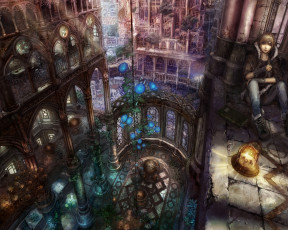 Картинка фэнтези люди здание мир парень книга иной