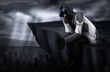 Картинка фэнтези люди романтика апокалипсиса арт куртка красные шарики пропасть тучи лучи небо парень скала противогаз