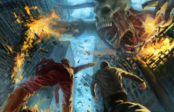 Картинка фэнтези нежить город разрушения гигант монстр люди паника