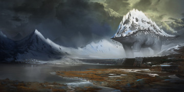 Картинка фэнтези существа озеро селение существо монстр гигантский гора мир иной