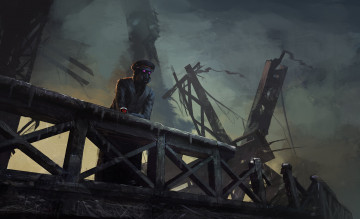 Картинка фэнтези люди чашка капюшон куртка арт парень развалины руины противогаз серость тучи небо