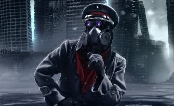 Картинка фэнтези люди перчатки кепка пальто арт капитан человек каркасы здания руины противогаз