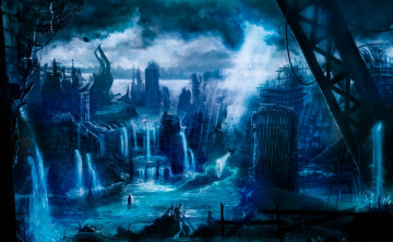 Картинка фэнтези иные+миры +иные+времена небо тучи арт арматура другое время вода каркасы здания водопады лучи