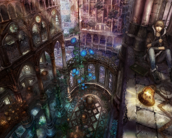 Обои картинки фото фэнтези, люди, здание, мир, парень, книга, иной