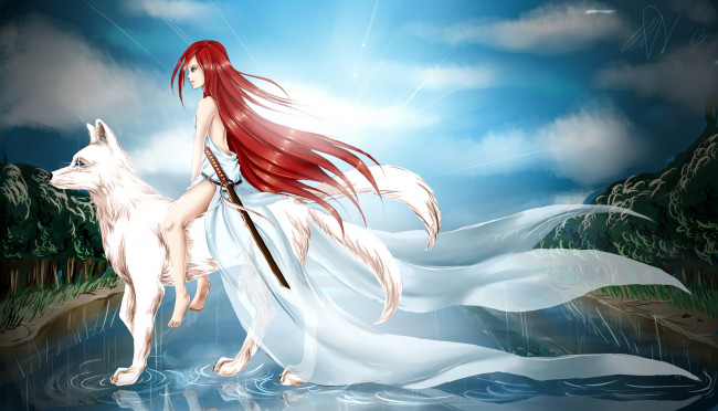 Обои картинки фото фэнтези, девушки, меч, вода, волк, существо, девушка, дождь