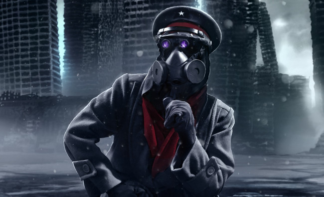 Обои картинки фото фэнтези, люди, перчатки, кепка, пальто, арт, капитан, человек, каркасы, здания, руины, противогаз