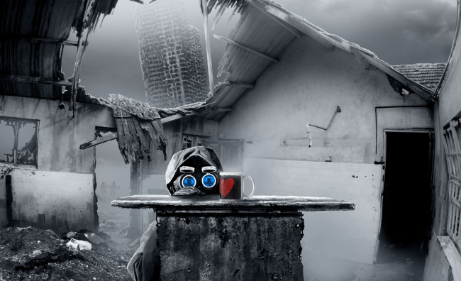 Обои картинки фото фэнтези, люди, куртка, развалины, чашка, сердечко, дом, парень, арт, противогаз, романтика, апокалипсиса