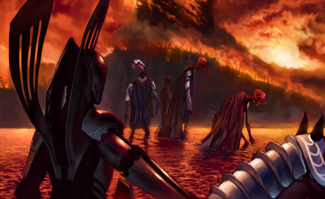 Обои картинки фото фэнтези, нежить, скелеты, красное