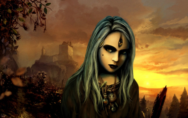 Обои картинки фото фэнтези, существа, третий, замок, горы, глаз, девушка, существо