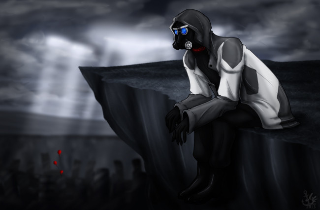 Обои картинки фото фэнтези, люди, романтика, апокалипсиса, арт, куртка, красные, шарики, пропасть, тучи, лучи, небо, парень, скала, противогаз