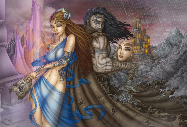 Обои картинки фото фэнтези, роботы,  киборги,  механизмы, киборг, девушка, город, воин, горы, маска