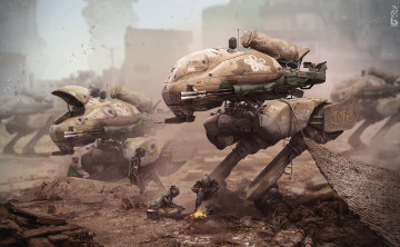 Картинка фэнтези роботы +киборги +механизмы город руины робот киборг фантастика трущобы киберпанк