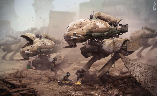 Обои картинки фото фэнтези, роботы,  киборги,  механизмы, город, руины, робот, киборг, фантастика, трущобы, киберпанк