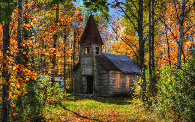 Обои картинки фото города, - пейзажи, осень, лес, заброшенный, дом, деревья, солнце