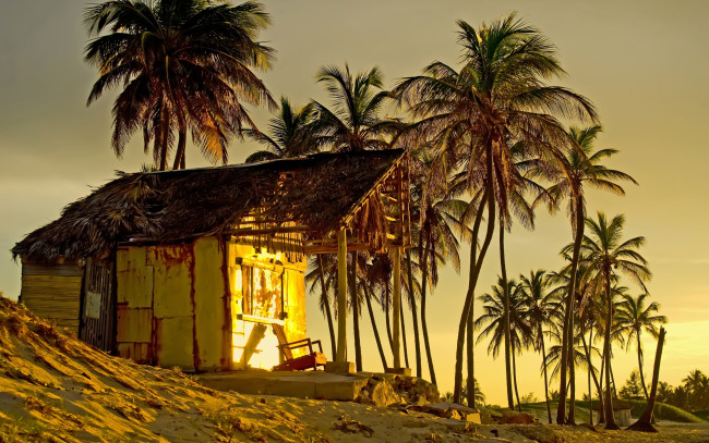 Обои картинки фото разное, развалины,  руины,  металлолом, море, sand, tropical, shore, sea, beach, sunset, песок, берег, закат, пляж, paradise, пальмы