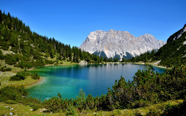 Обои картинки фото природа, реки, озера, лес, озеро, камни, деревья, горы, небо, солнечно