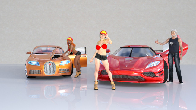 Обои картинки фото 3д графика, люди-авто, мото , people- car ,  moto, девушки, взгляд, фон