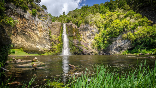 Обои картинки фото природа, водопады, лес, скала, поток