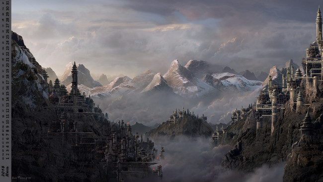 Обои картинки фото календари, фэнтези, здание, скала, снег, гора