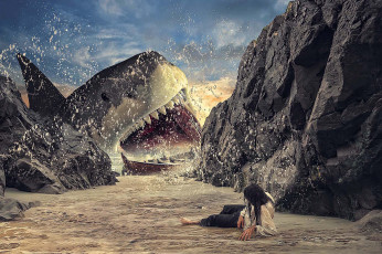 Картинка разное компьютерный+дизайн акула скала брызги пляж мужчины