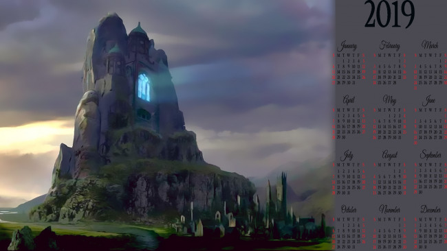 Обои картинки фото календари, фэнтези, calendar, гора, замок, город, здание
