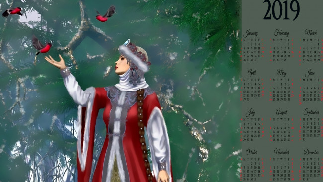 Обои картинки фото календари, фэнтези, calendar, шапка, дерево, птица, профиль, девушка