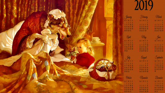Обои картинки фото календари, рисованные,  векторная графика, calendar, комната, букет, корзина, кровать, девочка, волк