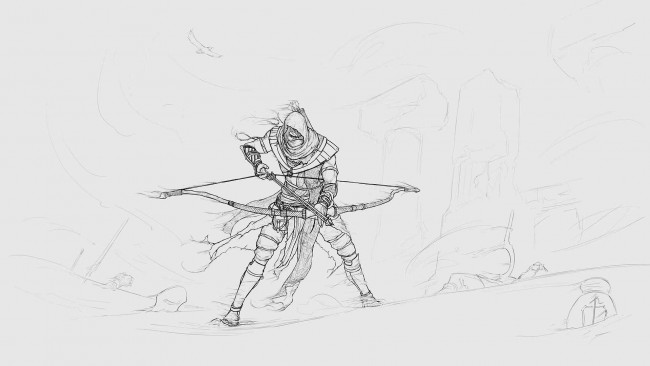 Обои картинки фото рисованное, люди, скетч, стрелы, лук, лучник, воин