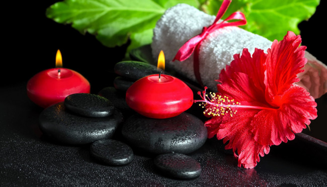 Обои картинки фото разное, свечи, гибискус, камни