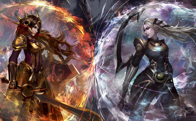 Обои картинки фото видео игры, league of legends, стихии, сферы, оружие, девушки