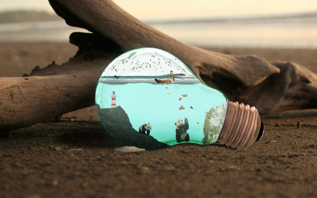 Обои картинки фото разное, компьютерный дизайн, панды, маяк, рыбак, море, лампочка, коряга