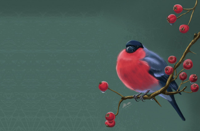 Обои картинки фото рисованное, животные,  птицы, снегирь