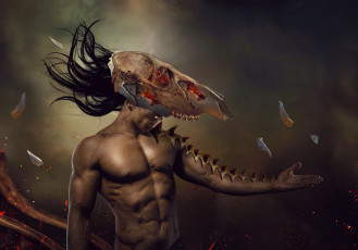 Картинка фэнтези фотоарт мужчина фон череп