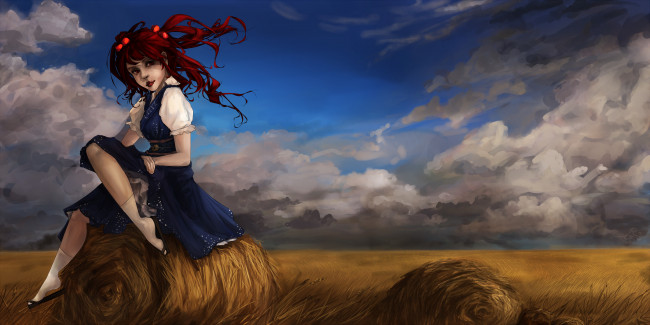 Обои картинки фото рисованное, дети, девочка, фон, взгляд, платье, стог