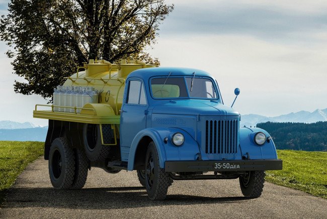 Обои картинки фото уралаз, автомобили, урал, автомобиль, молоковоз, дерево, горы