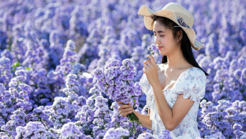 Картинка девушки -+азиатки азиатка шляпа платье цветы