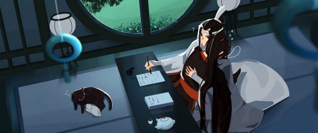 Обои картинки фото аниме, mo dao zu shi, вэй, усянь, лань, ванцзы, стол, кот, кролик