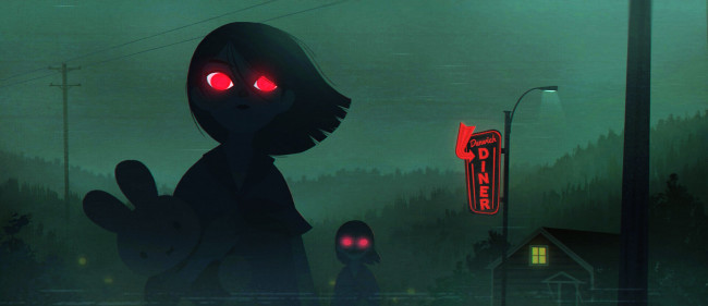 Обои картинки фото фэнтези, нежить, девочки, монстры, заяц, дом, вывеска, фонарь