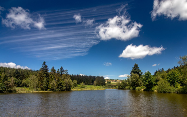 Обои картинки фото природа, реки, озера, река, деревья, облака