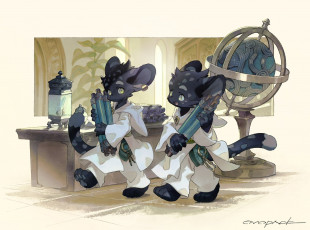 Картинка аниме животные +существа существа свитки стол глобус